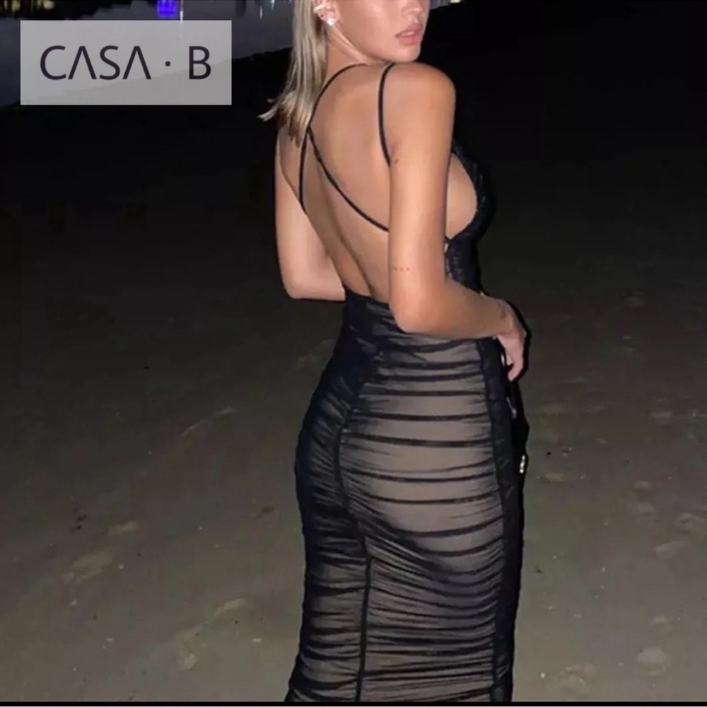 CASA B|Sicily Midnight Mesh Dress | Ruched Bodycon Midi LBD Evening Party Dress